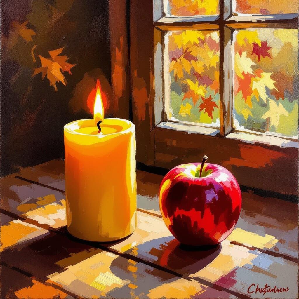 Warm Candlelight and Apple Still Life in Impasto Style