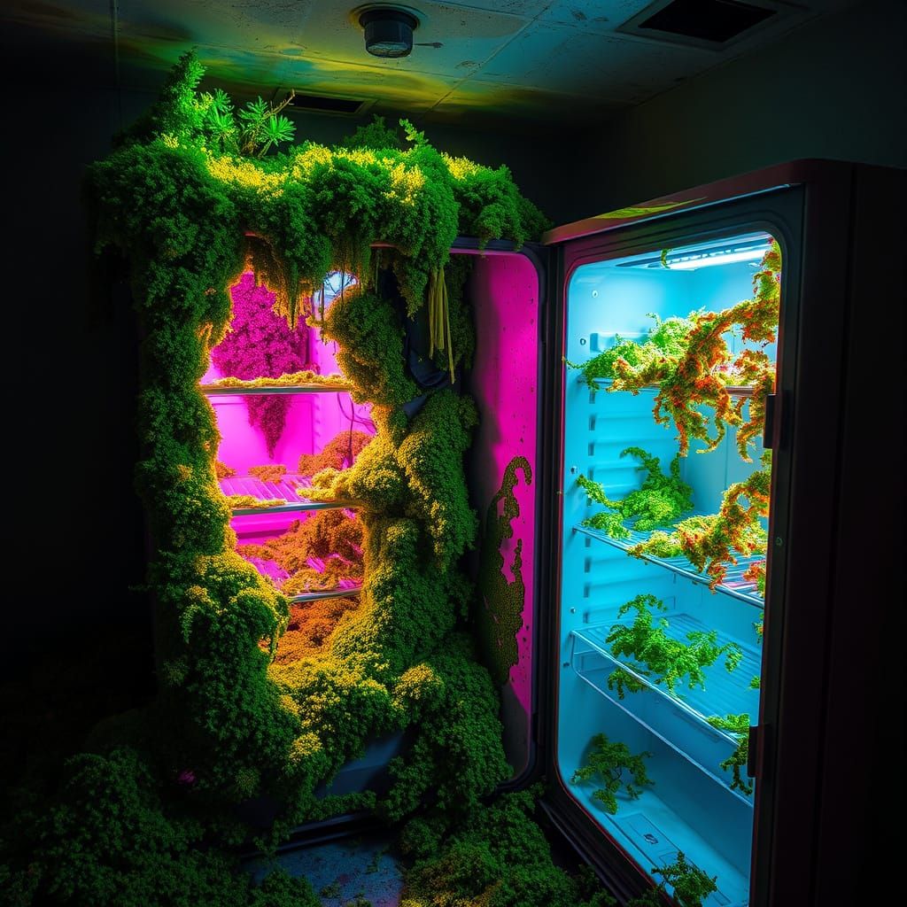 Bioluminescent Moss Illuminates Abandoned Refrigerator, Digi...
