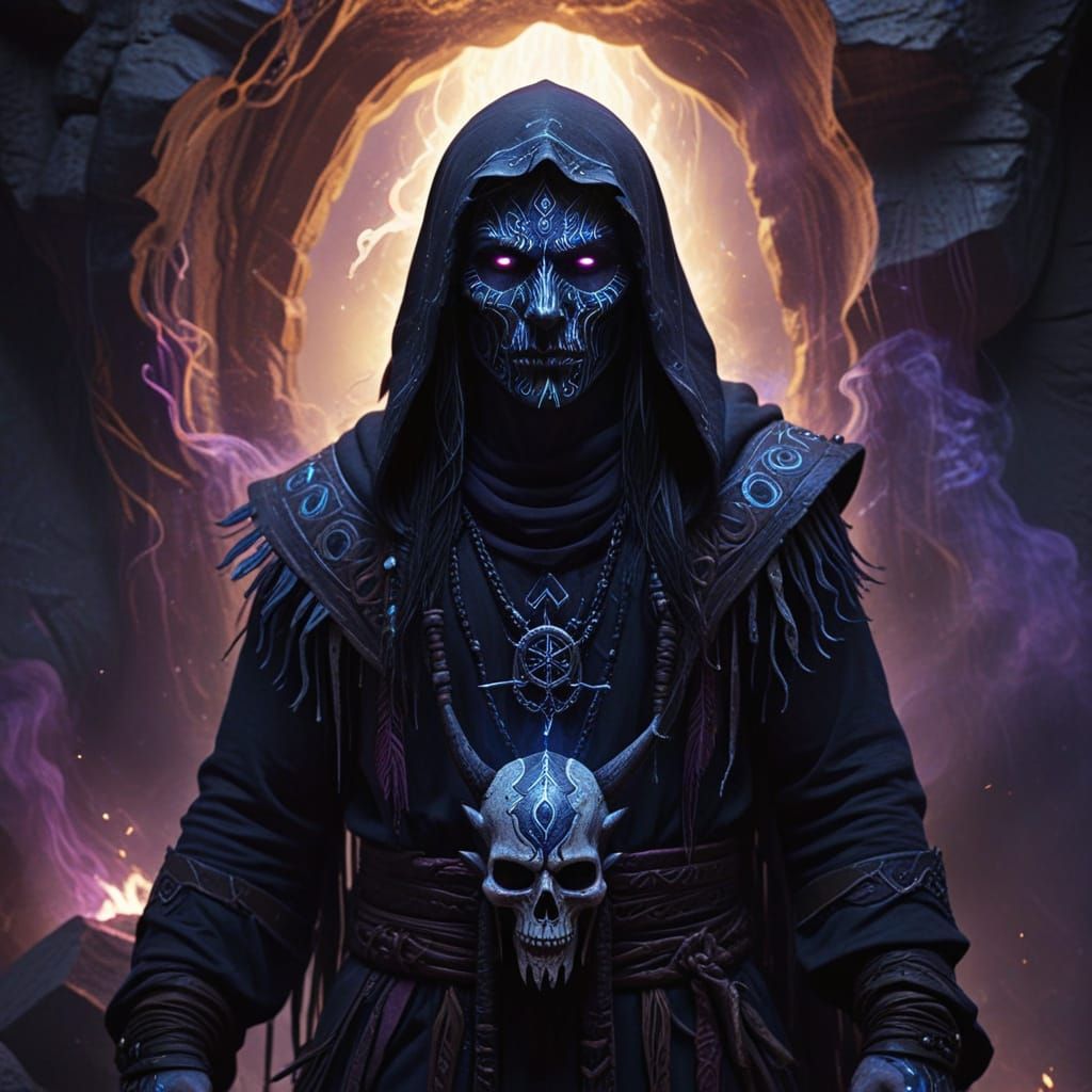 Eerie Dark Sorcerer with Tribal Mask in Oil Painting