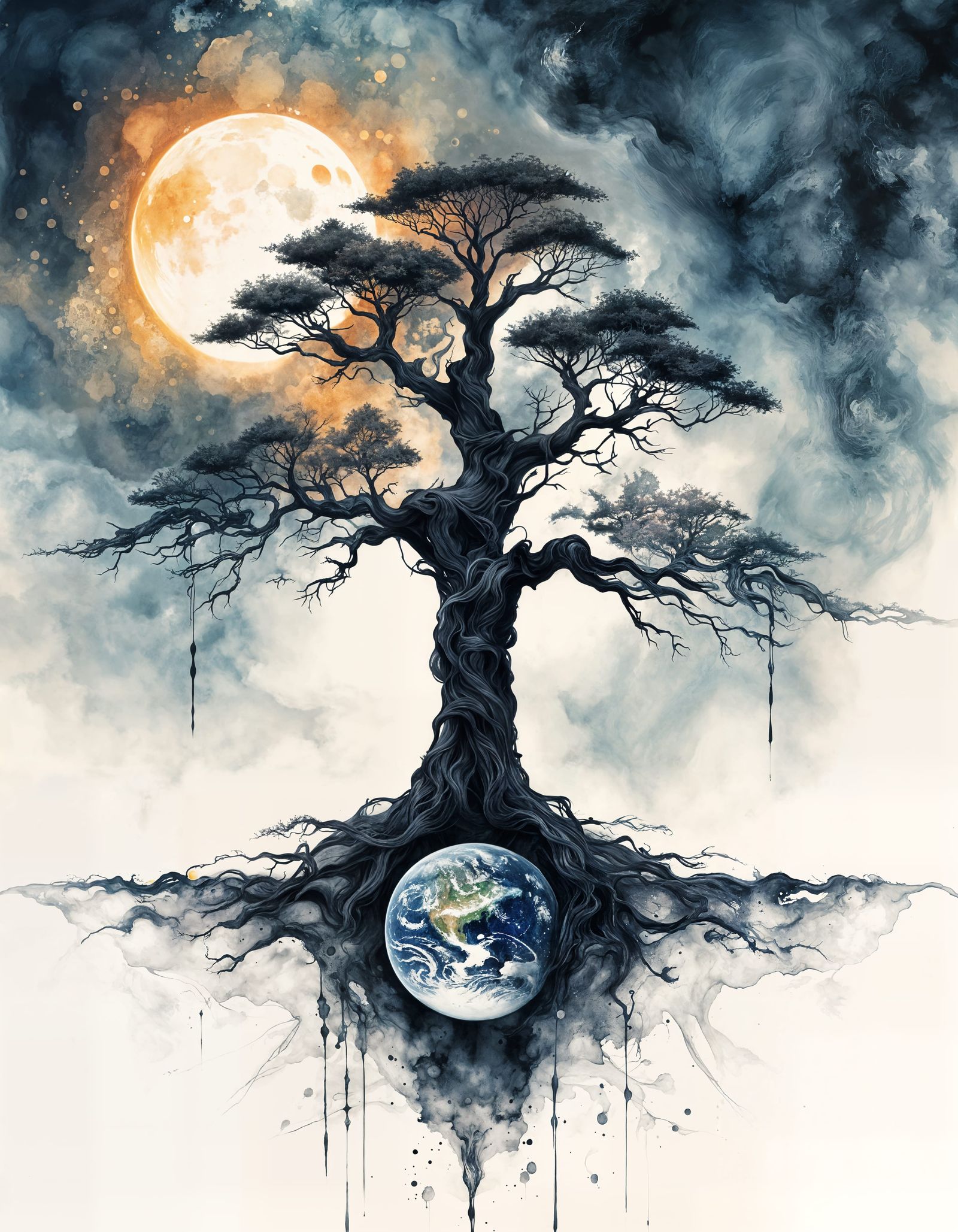 Yggdrasil and Earth: Surreal Ink Drawing