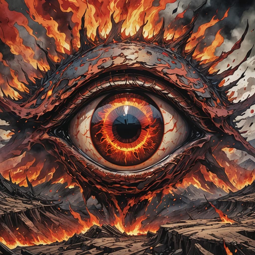 Flaming Eye Watches Over Fiery Wasteland in Anime Art
