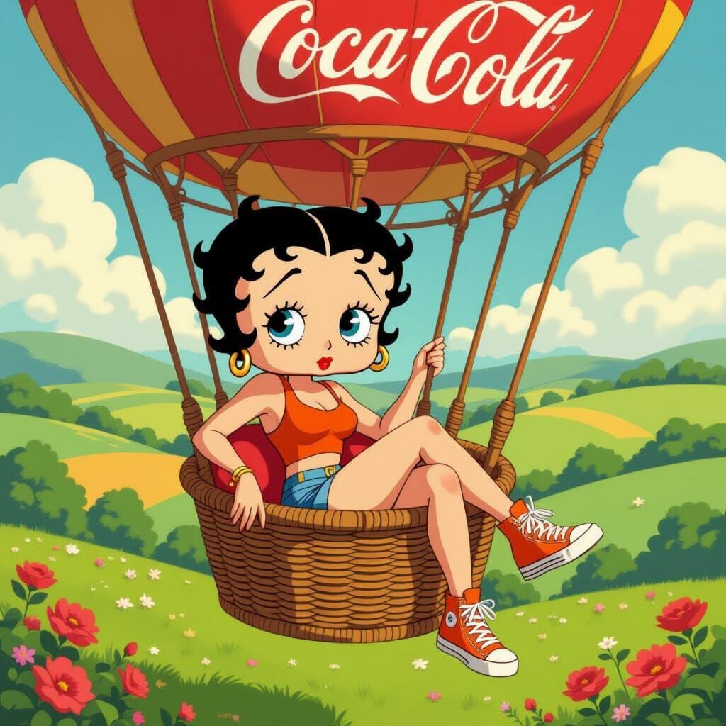 Teenage Betty Boop in Hot Air Balloon, Miyazaki Style