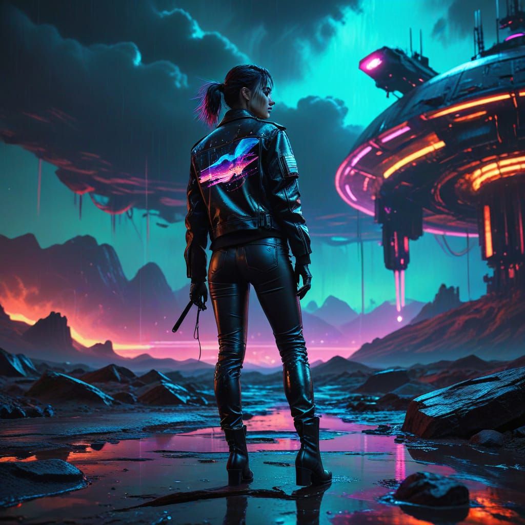 Cyberpunk Lady in Stone Desert, Neon Synthwave Style