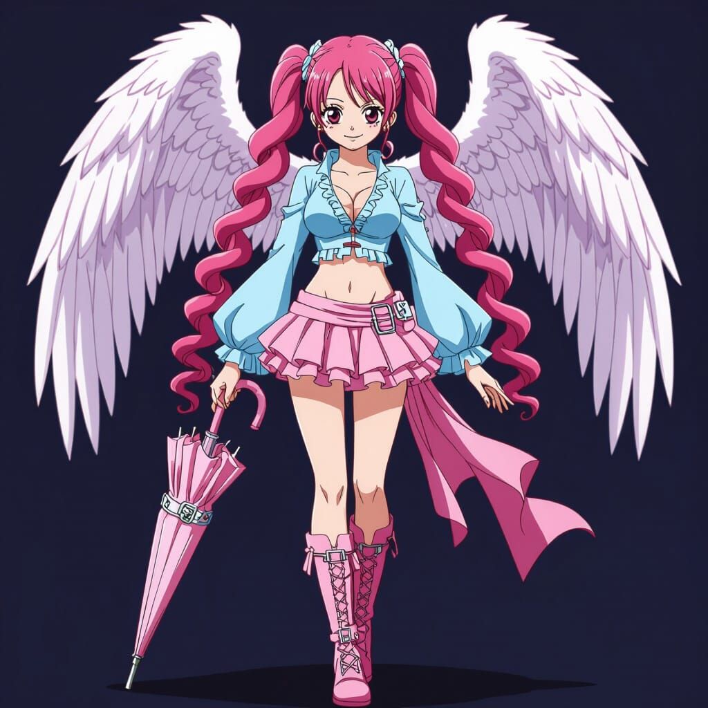 Hinako with Angel Wings and Pink Umbrella Anime Style