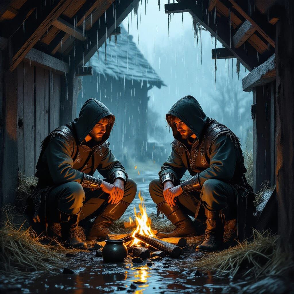 Medieval Journeymen Shelter from Rain, Digital Art