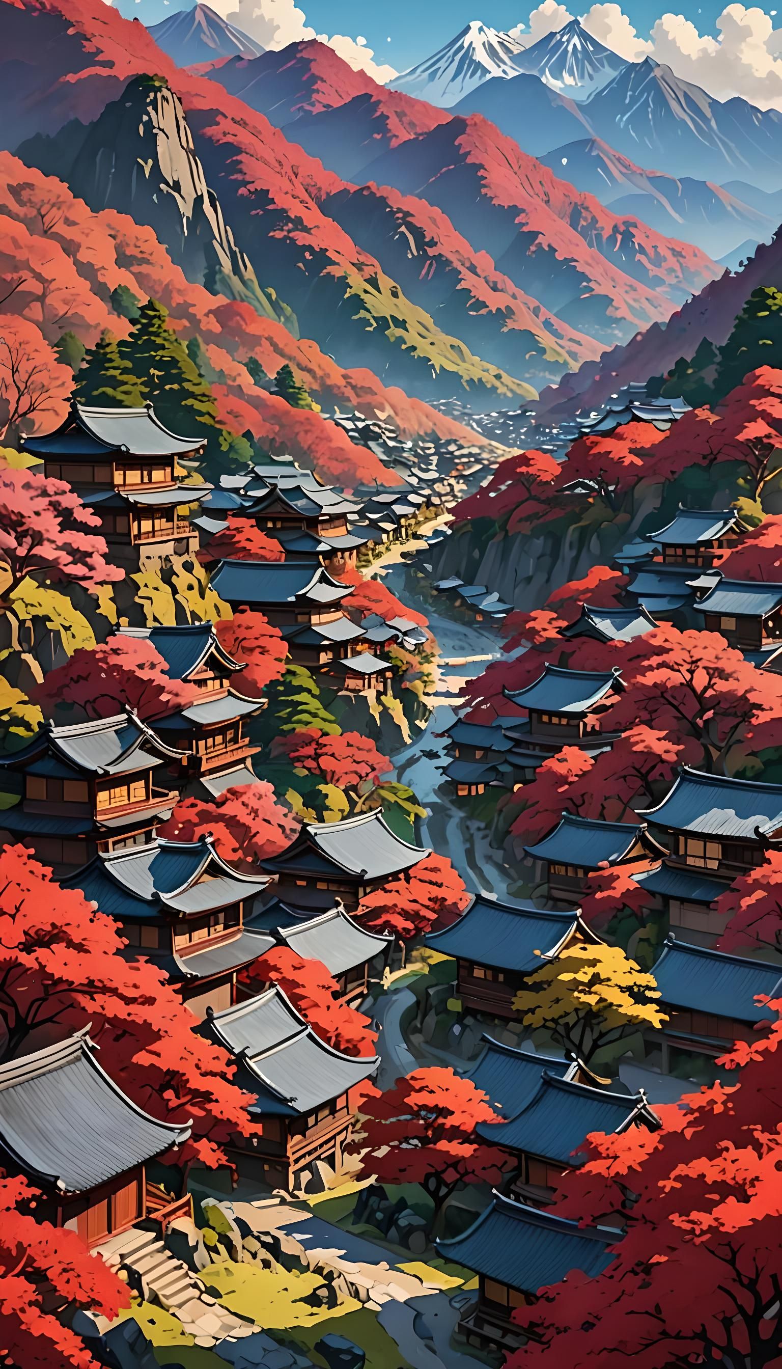 Japanese Village in Mountains: Anime Landscape Art