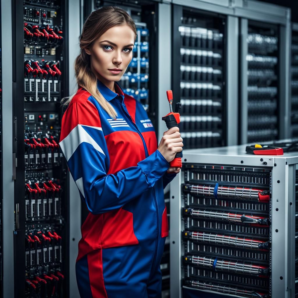 Installer Girl in Server Room: Hyperrealistic Digital Art