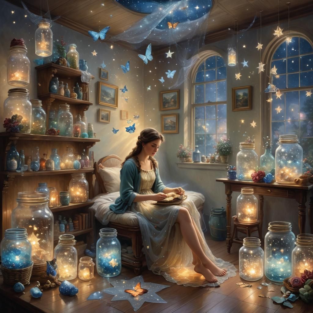 Girl Surrounded by Jars of Stars in Ethereal Style
