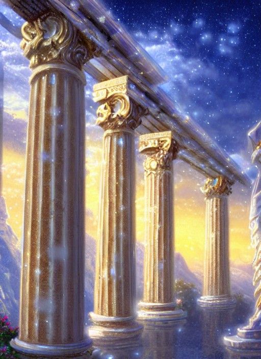 Glowing Crystalline Pillars of Olympus in Art Nouveau Style