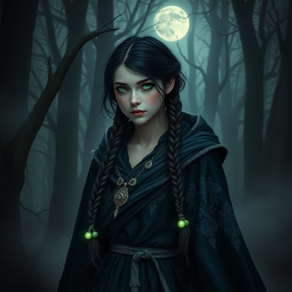 Ethereal Slavic Warlock Walks Dark Forest Pathways