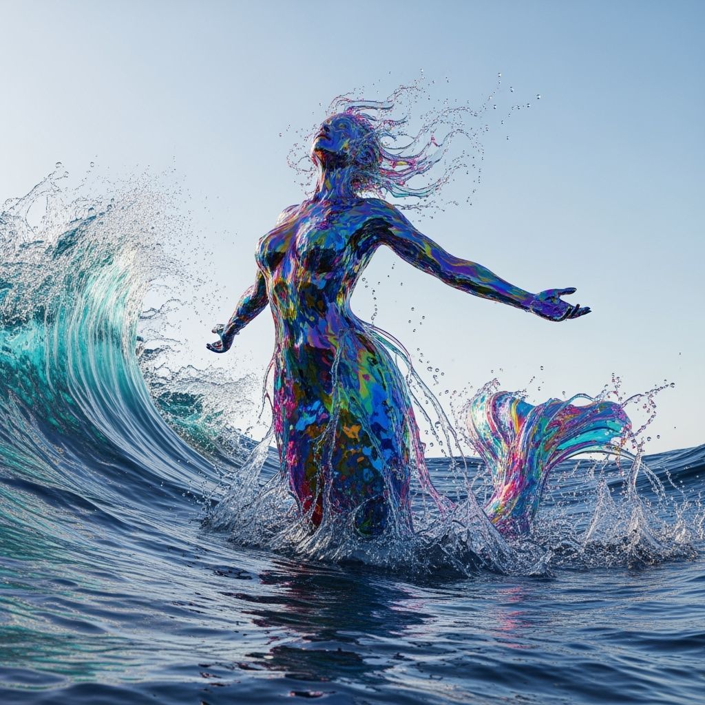 Hyper-Realistic Fluid Mermaid Emerging From Colorful Sea