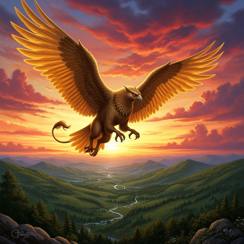 Griffin Soaring Through Sunset Sky in Ethereal Light