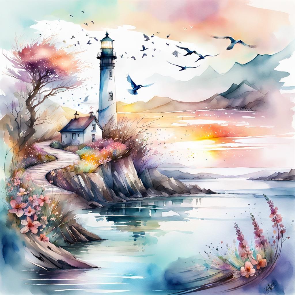 Fantasy River and Lighthouse Watercolor Illustration