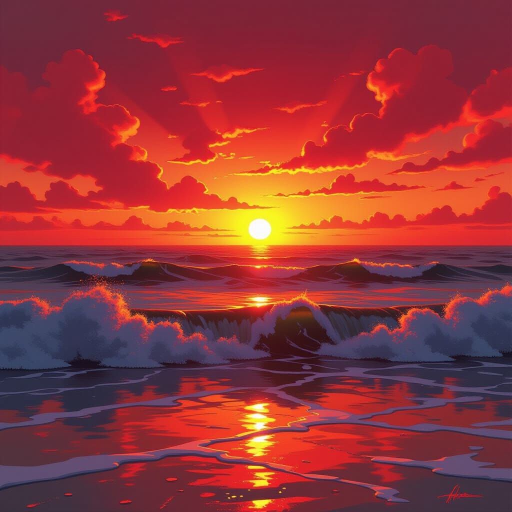 Fiery Sunset Over Turbulent Sea: Graffiti Art Style