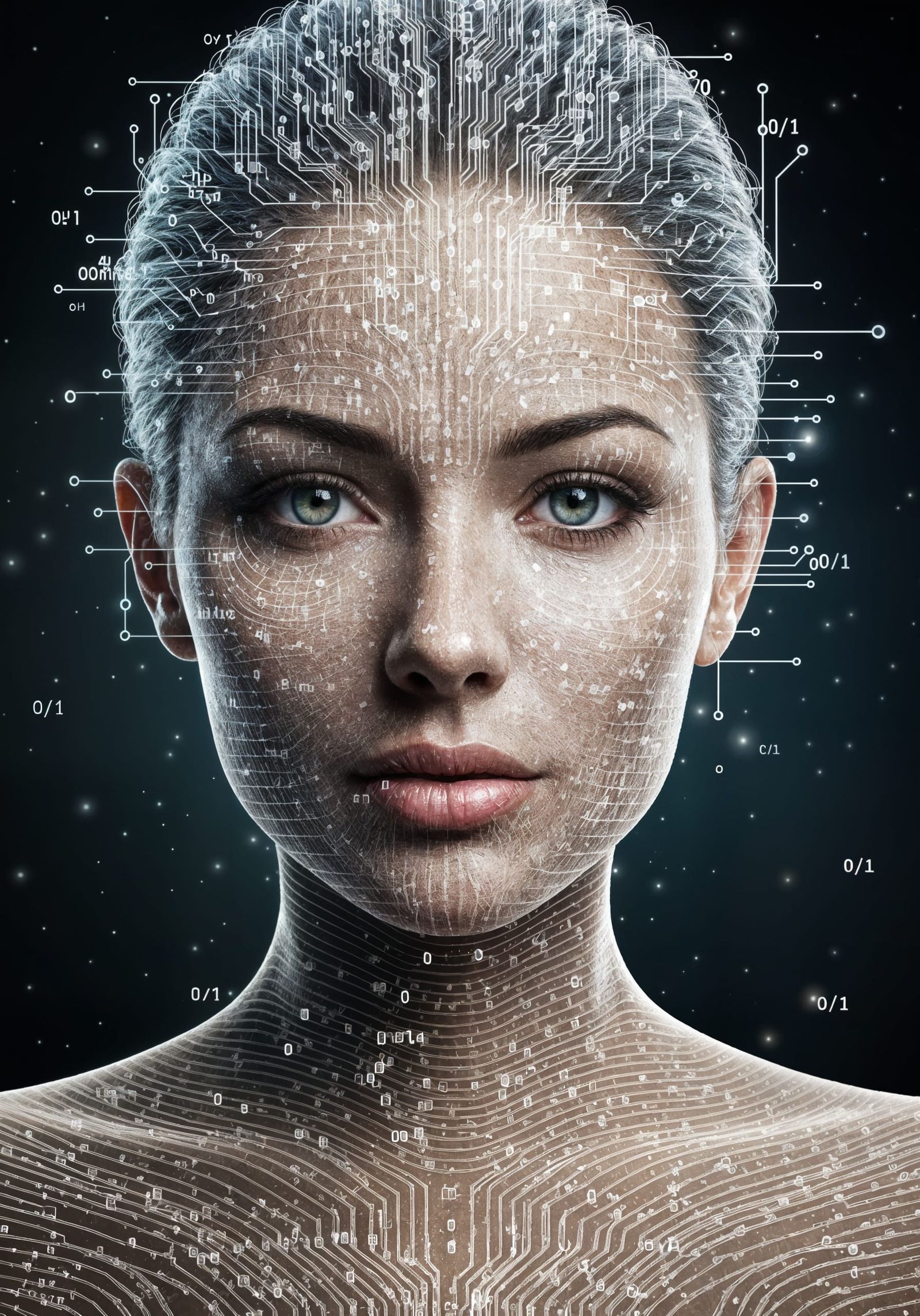 Woman Sculpted from Luminous Binary Code