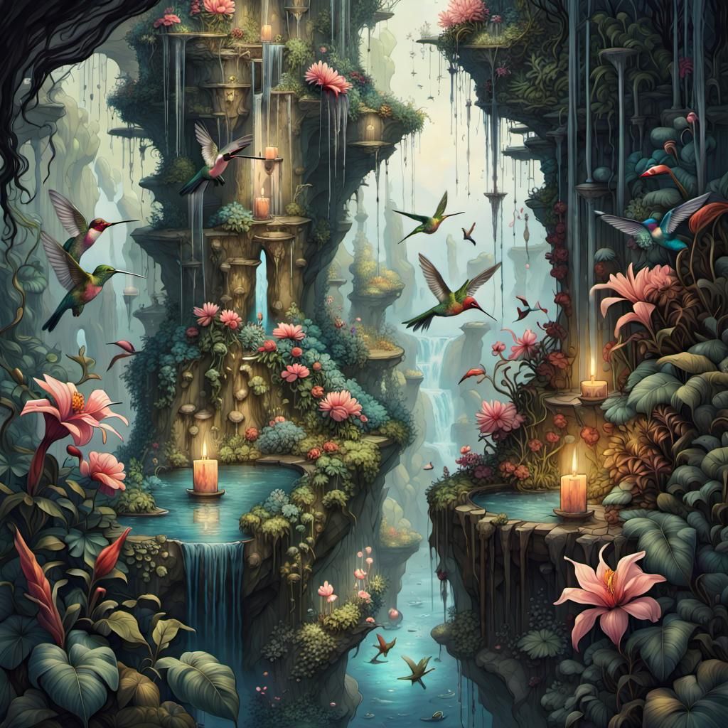 Lush Jungle Lagoon with Hummingbirds: Ink Illustration