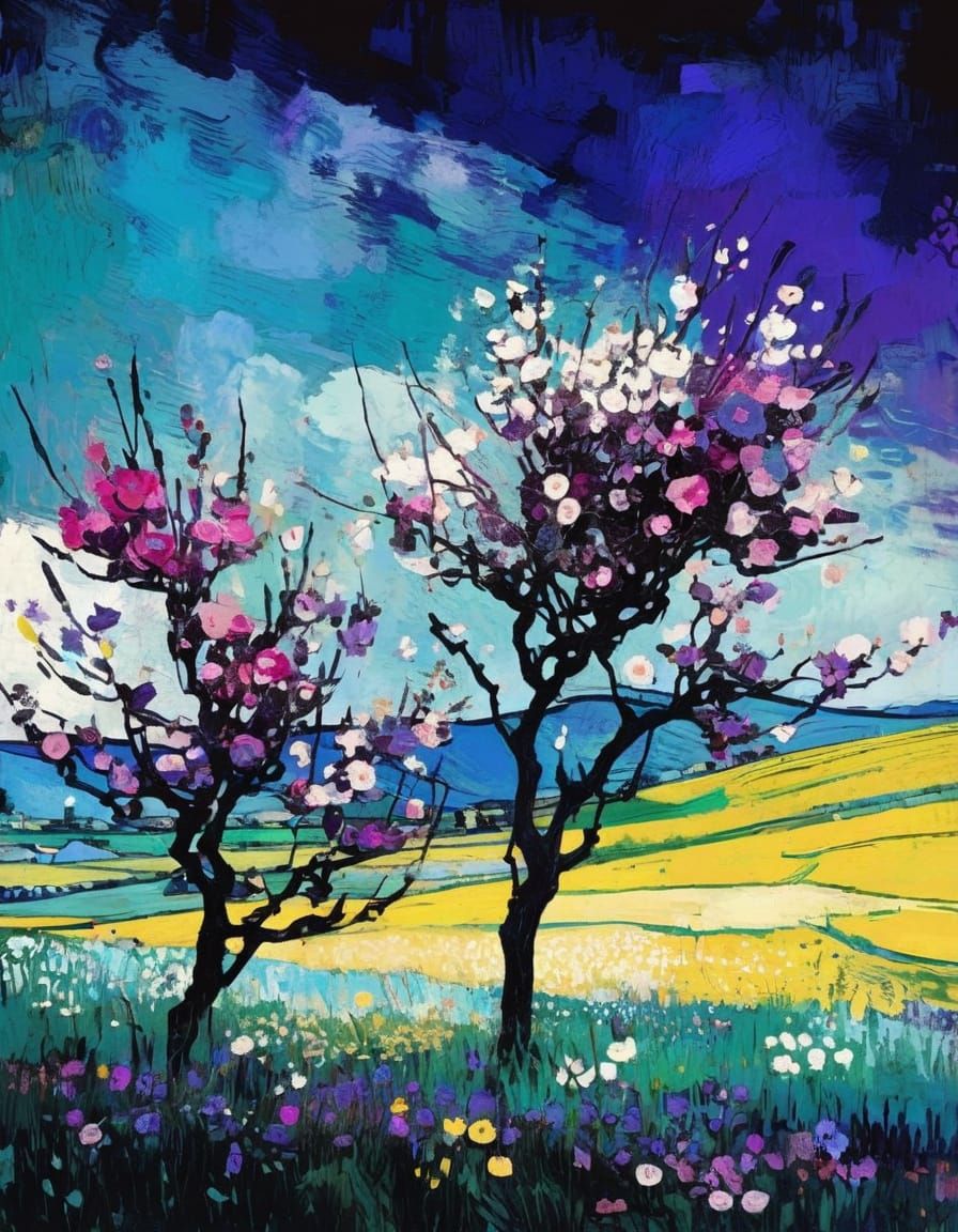 Spring Blooms in a Vibrant Grunge Landscape