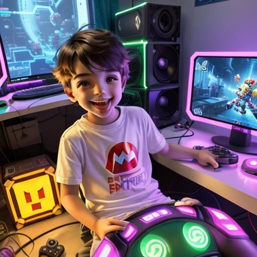Excited Kid Gamer in Matrixpunk Style