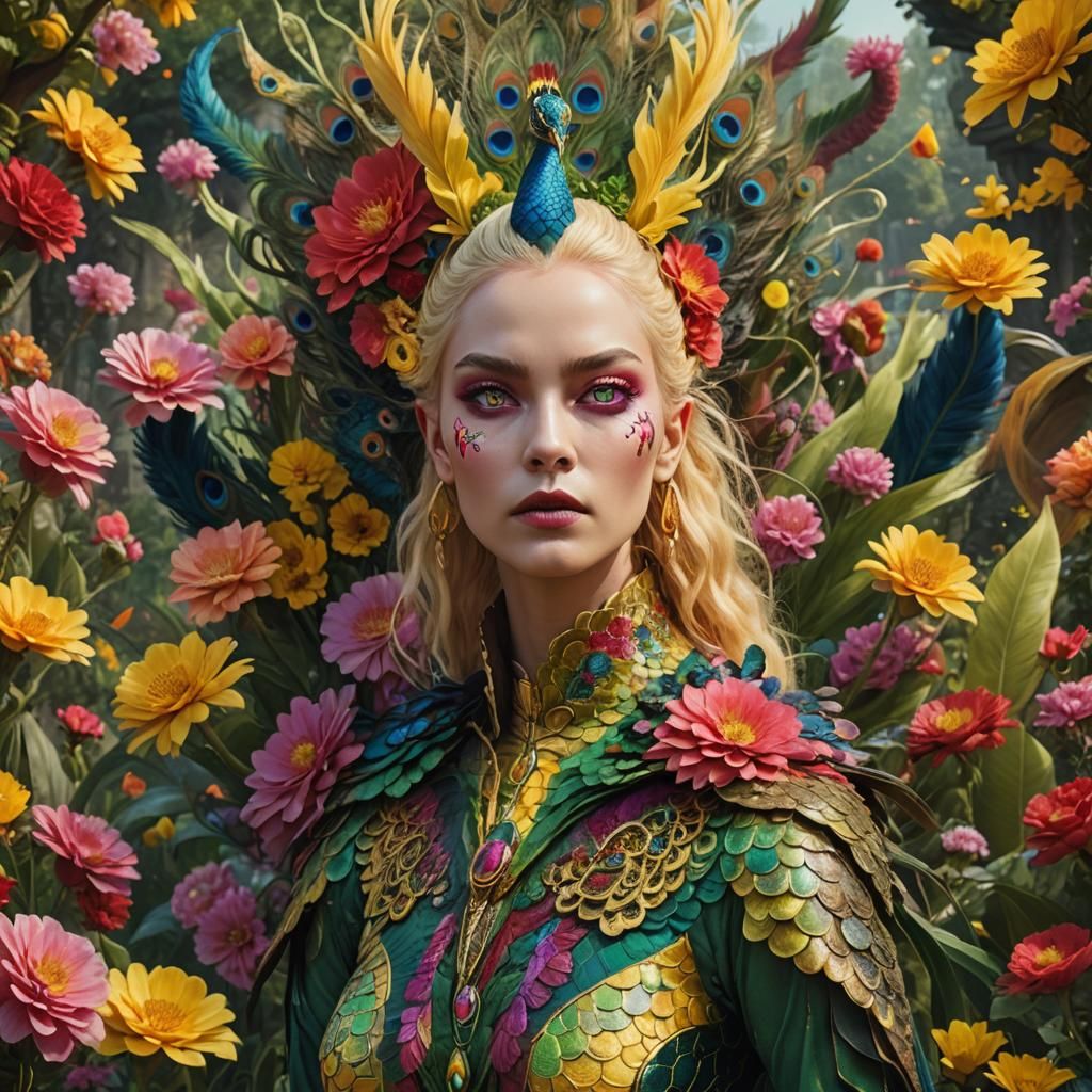 Dragon-Peacock Woman in Surreal Garden