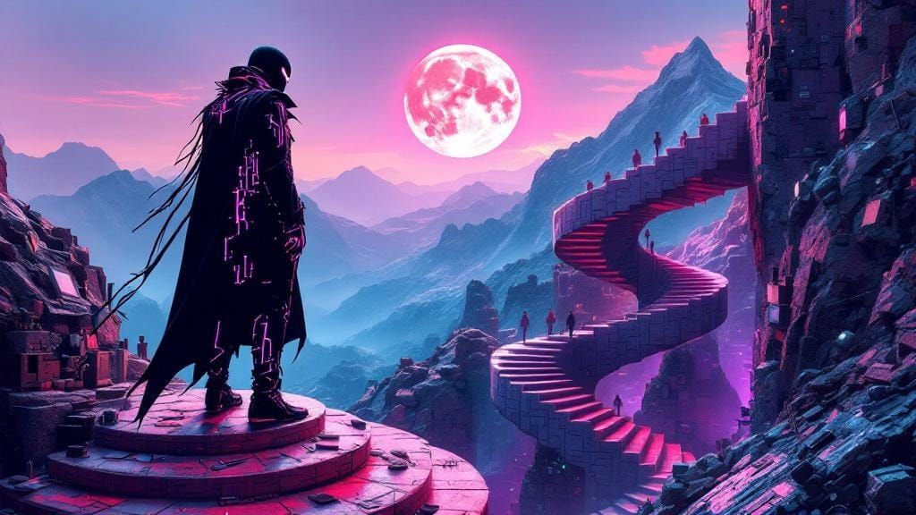 Supervillain on Penrose Staircase in Glitch Art Style