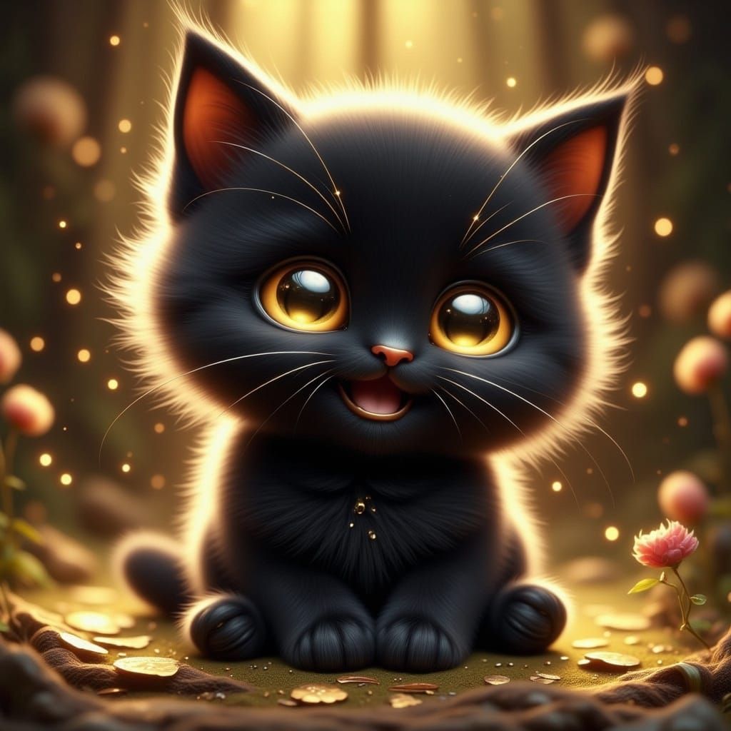 Smiling Black Kitten in Dreamy Fantasy Style