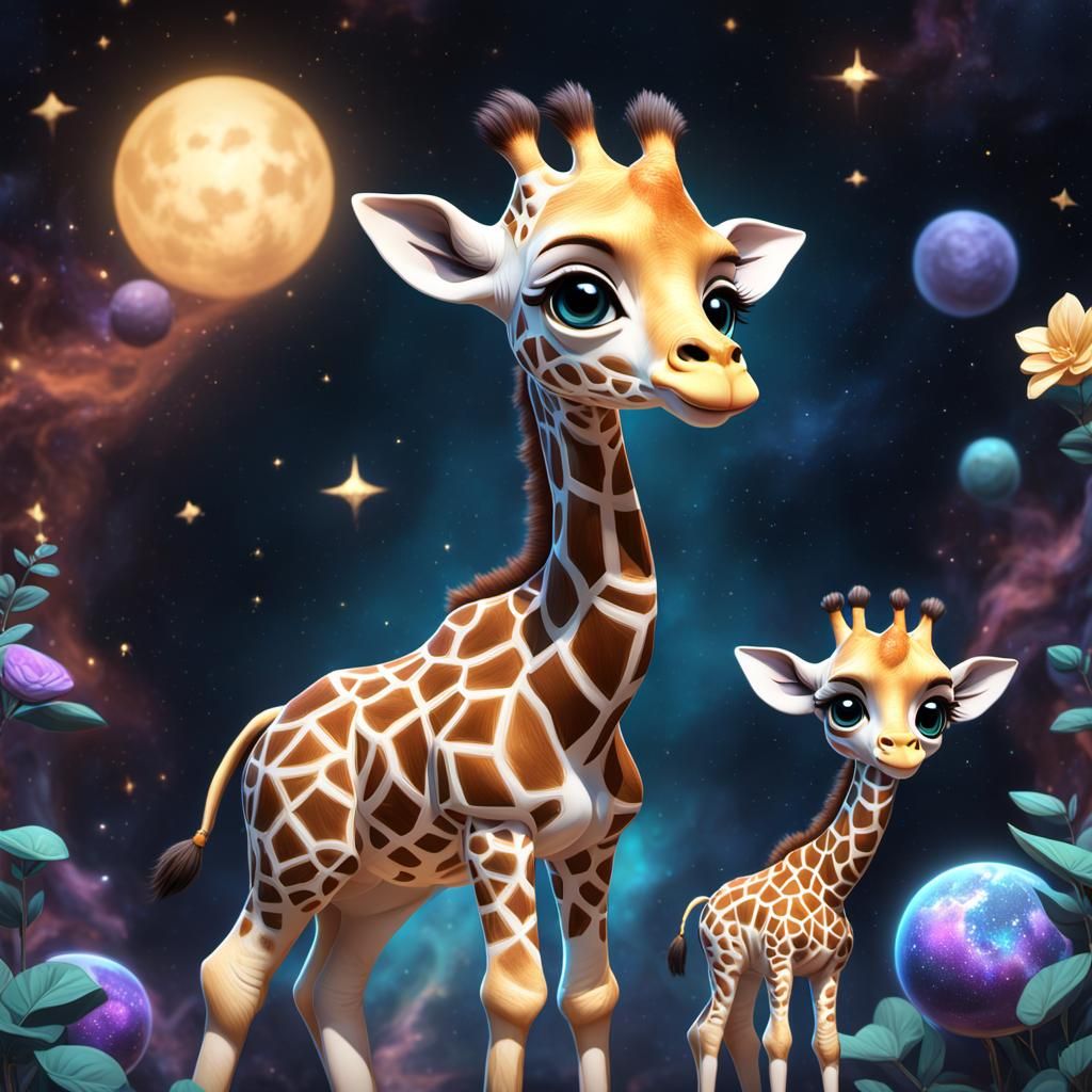 Chibi Giraffes in Cosmic Starlight, Digital Art