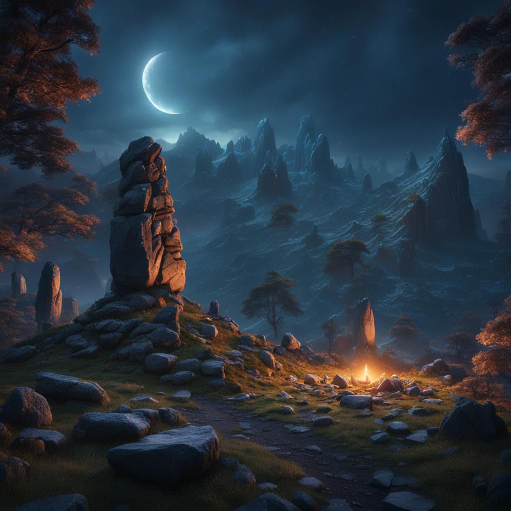 Druid Stone Circle at Midnight: Detailed Matte Painting