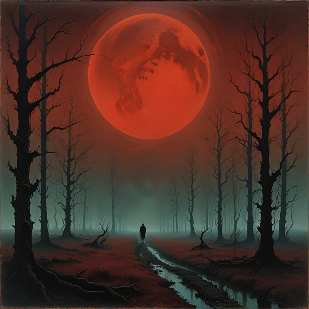 Mysterious Skin Walker Under Red Moonlit Sky
