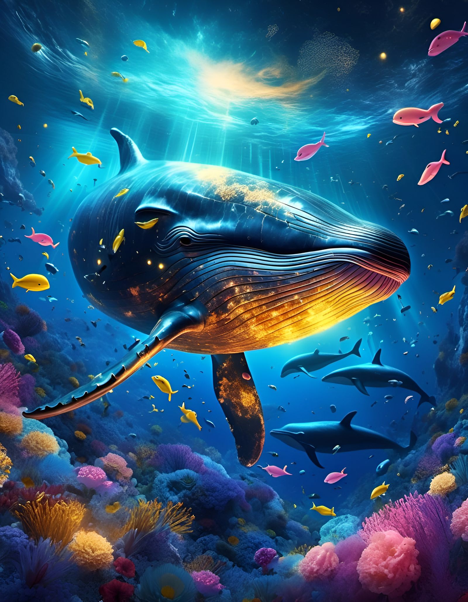 Bioluminescent Whale Swimming in Colorful Galaxy