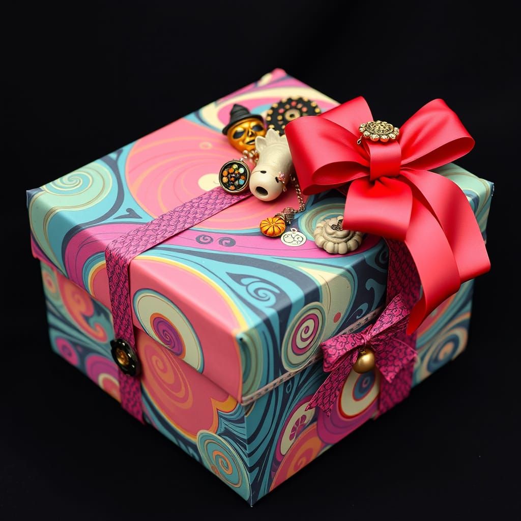 Fantastical Wrapped Gift with Swirls and Trinkets