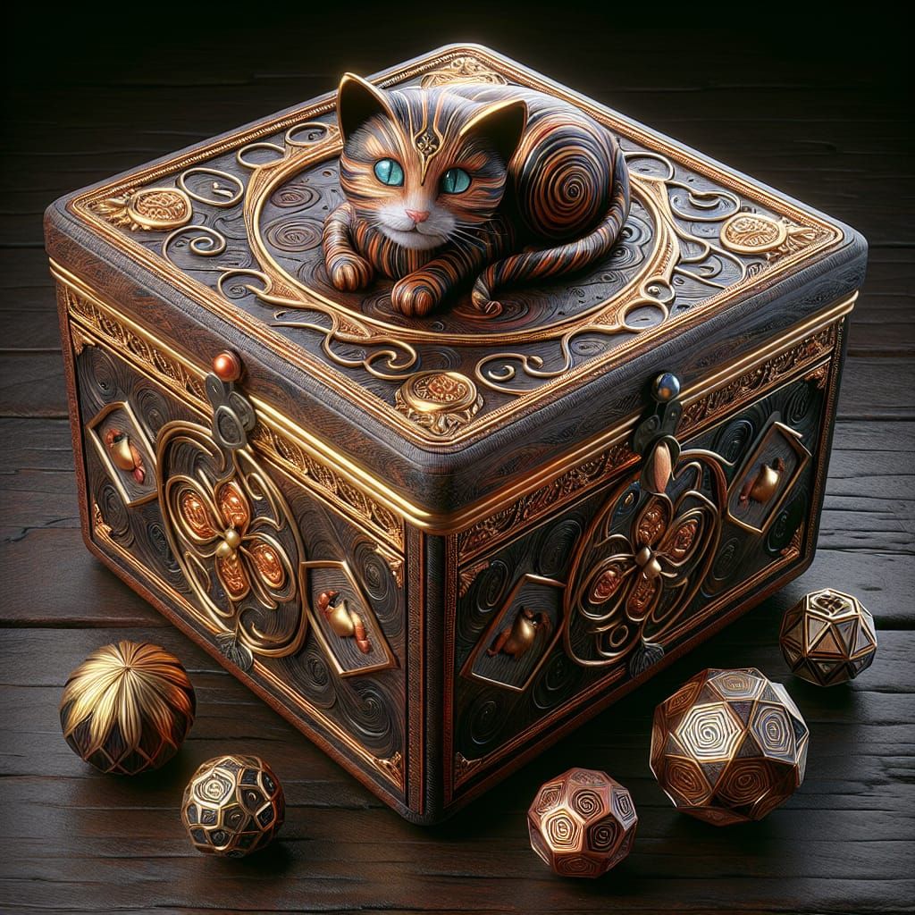 Cat Trick Box with Gold, Silver, Copper Inlay