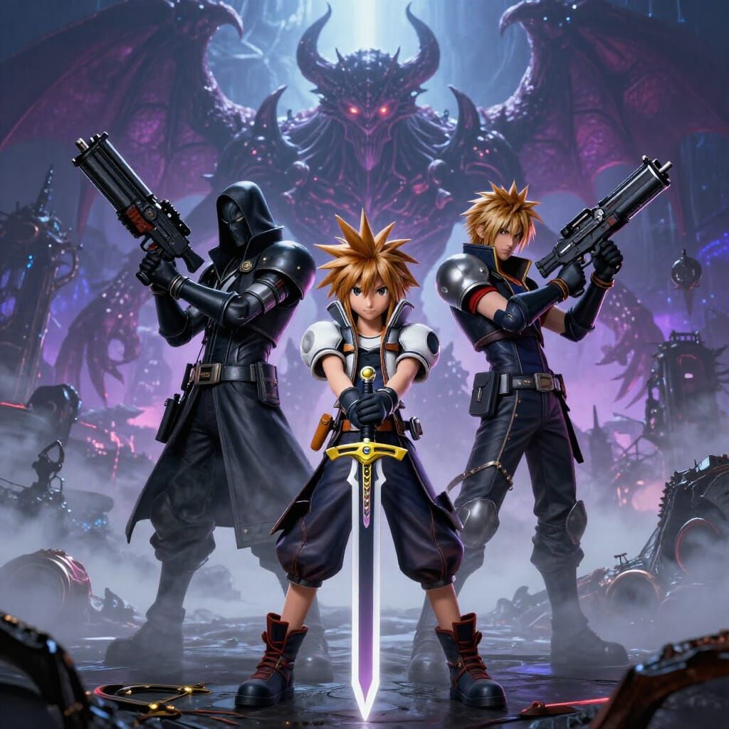 Sora and Doom Slayer Face Demonic Threat in Digital Painting