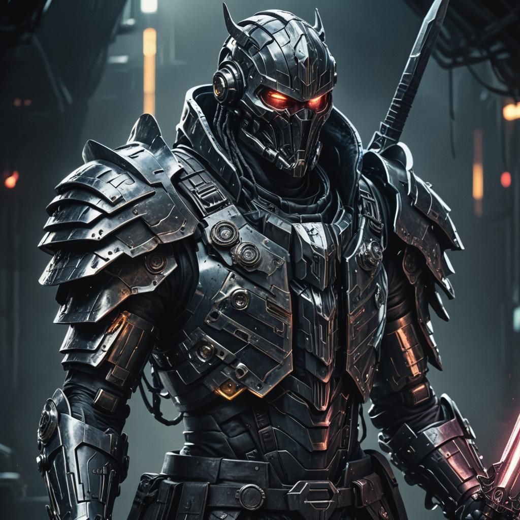 Cyberpunk Warlock with Obsidian Sword in Futuristic Armor