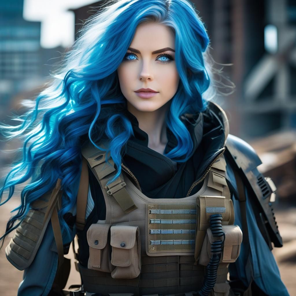 Anime Girl with Blue Hair in Dystopian City