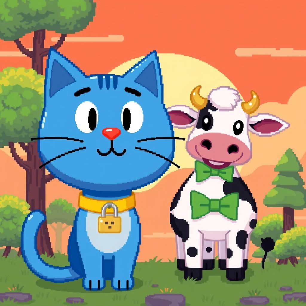 Whimsical Pixel Art Cat and Cow Scene