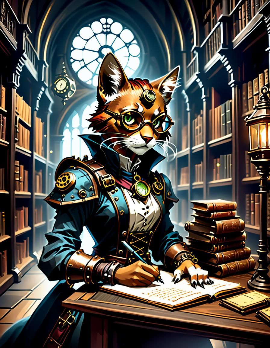 Steampunk Tabaxi Dungeon Master in Comic Art Style