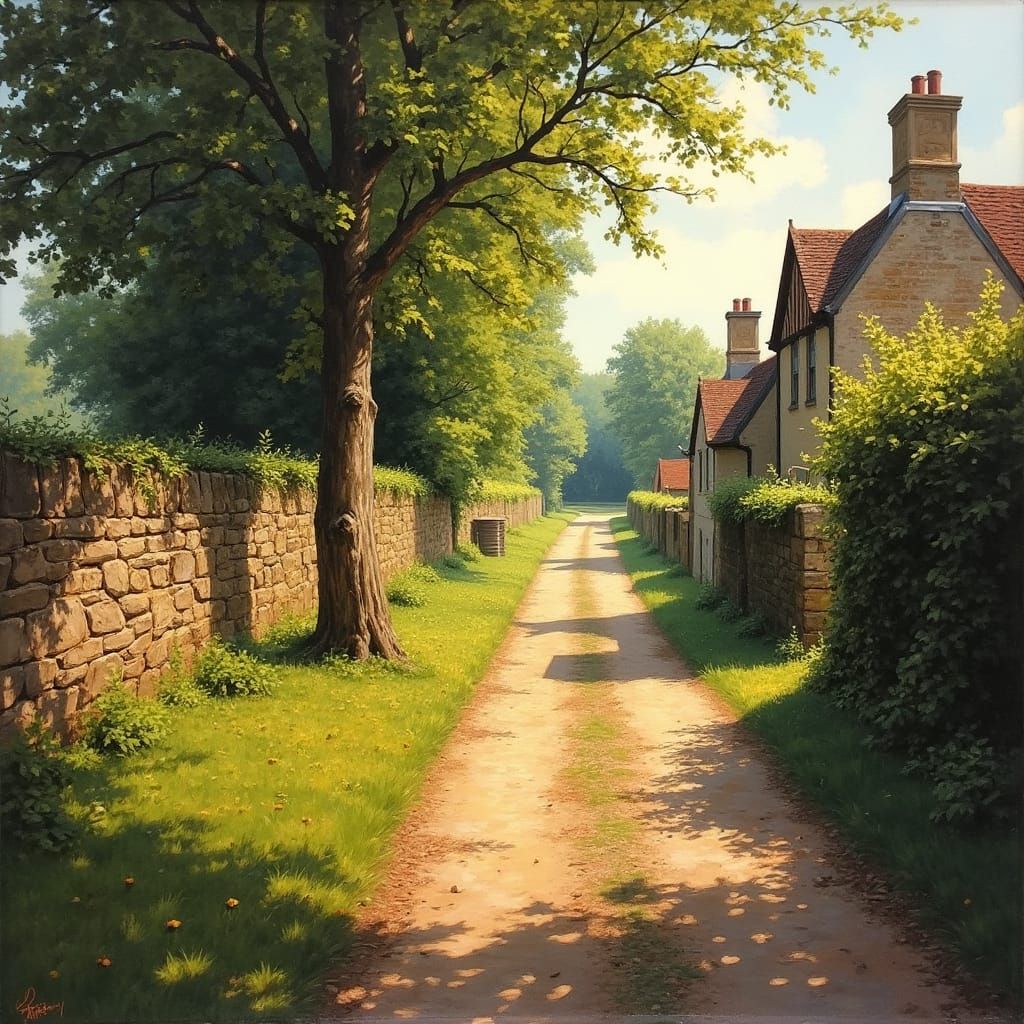 Serene Country Lane in Oil Painting Style