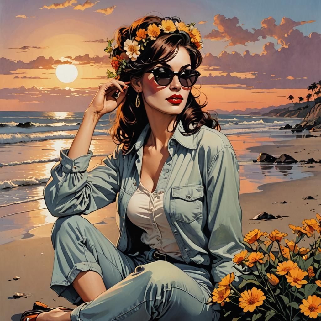 Beatnik Woman at Sunset, Digital Art