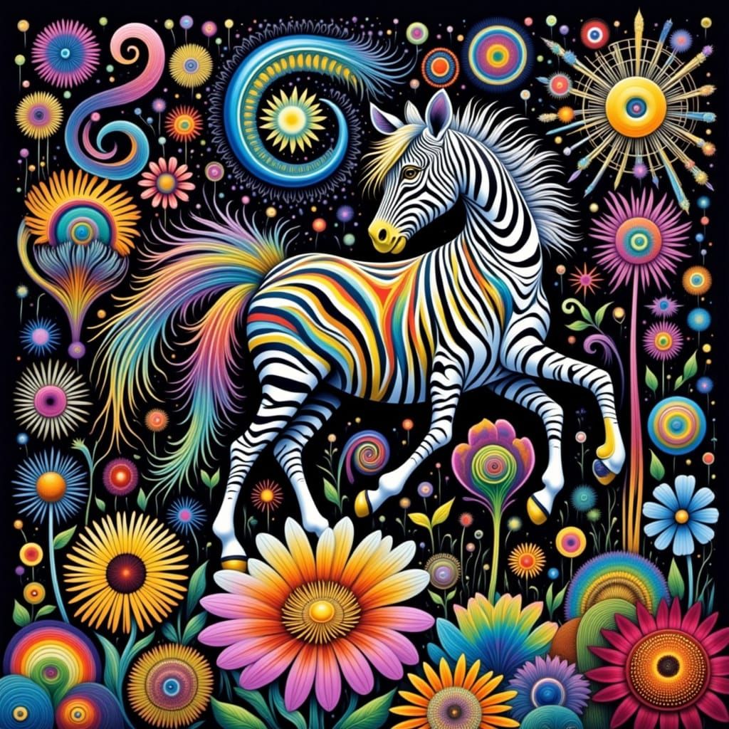 Zebra Lands on Flower in Psychedelic Art Style