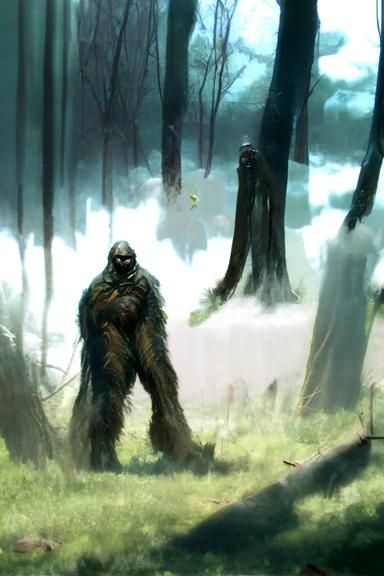 Sinister Bigfoot in Forest, Fantasy Illustration