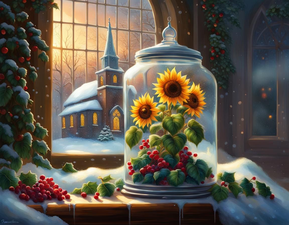Winter Church with Sunflower: Hyperrealistic Splash Art