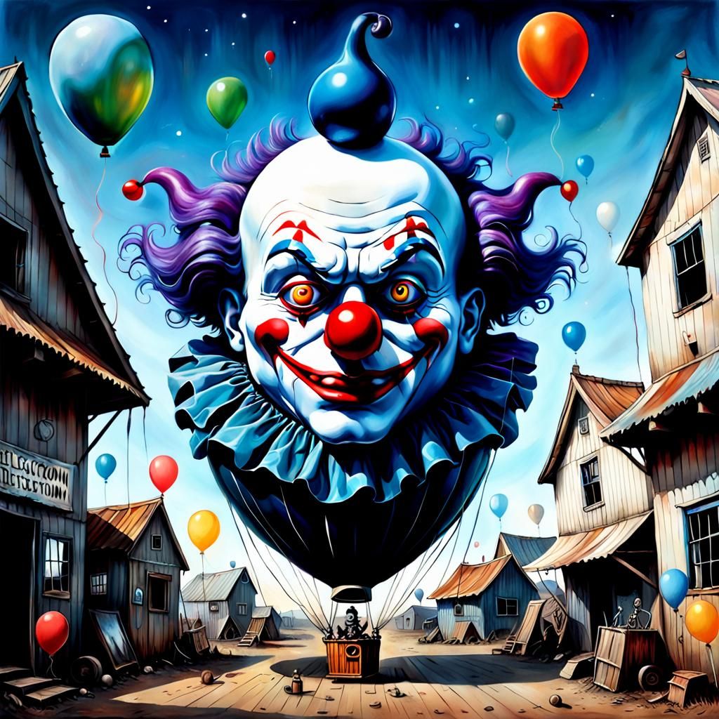 Cosmic Clown in Junkyard with Balloon, Dark Fantasy Art
