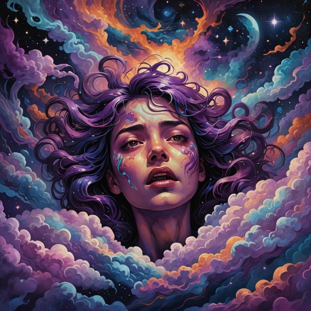Surreal Cosmic Dreamscape: Inner Turmoil in Vibrant Colors