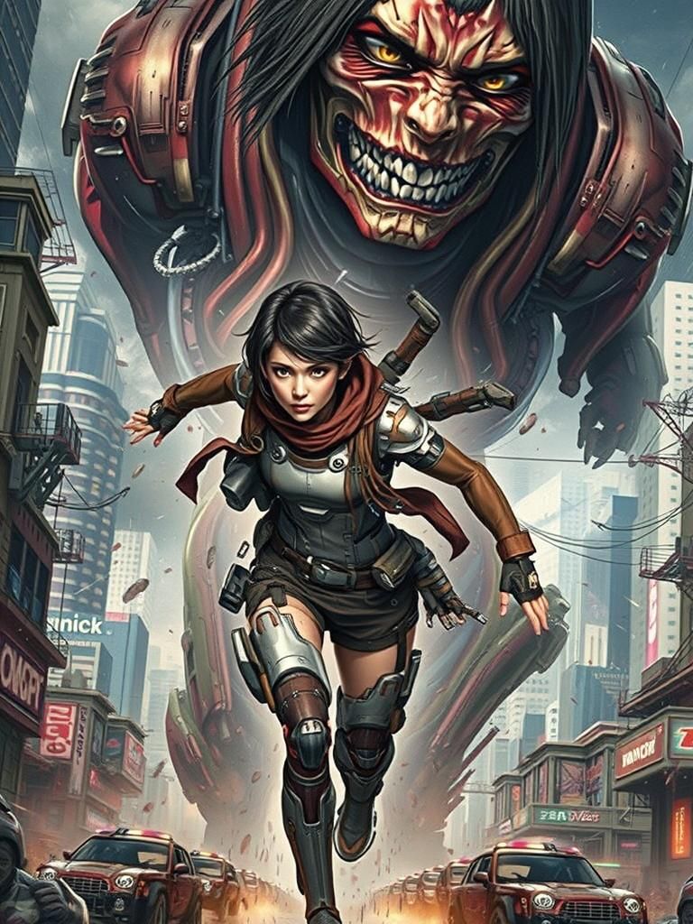 Cyberpunk Warrior Runs in Neon City