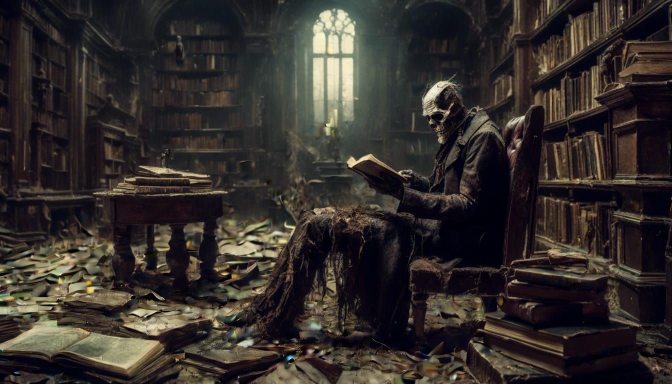 Frankenstein's Literary Escape: A Macabre Library Scene