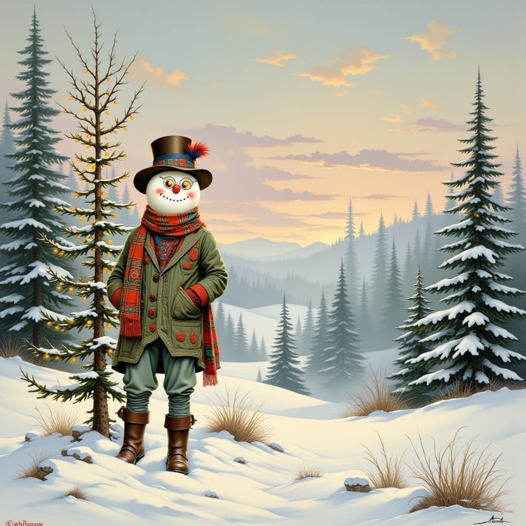 A charming winter landscape painted in a delicate, old-fashioned watercolor technique, featuring a cheerful snowman dres...