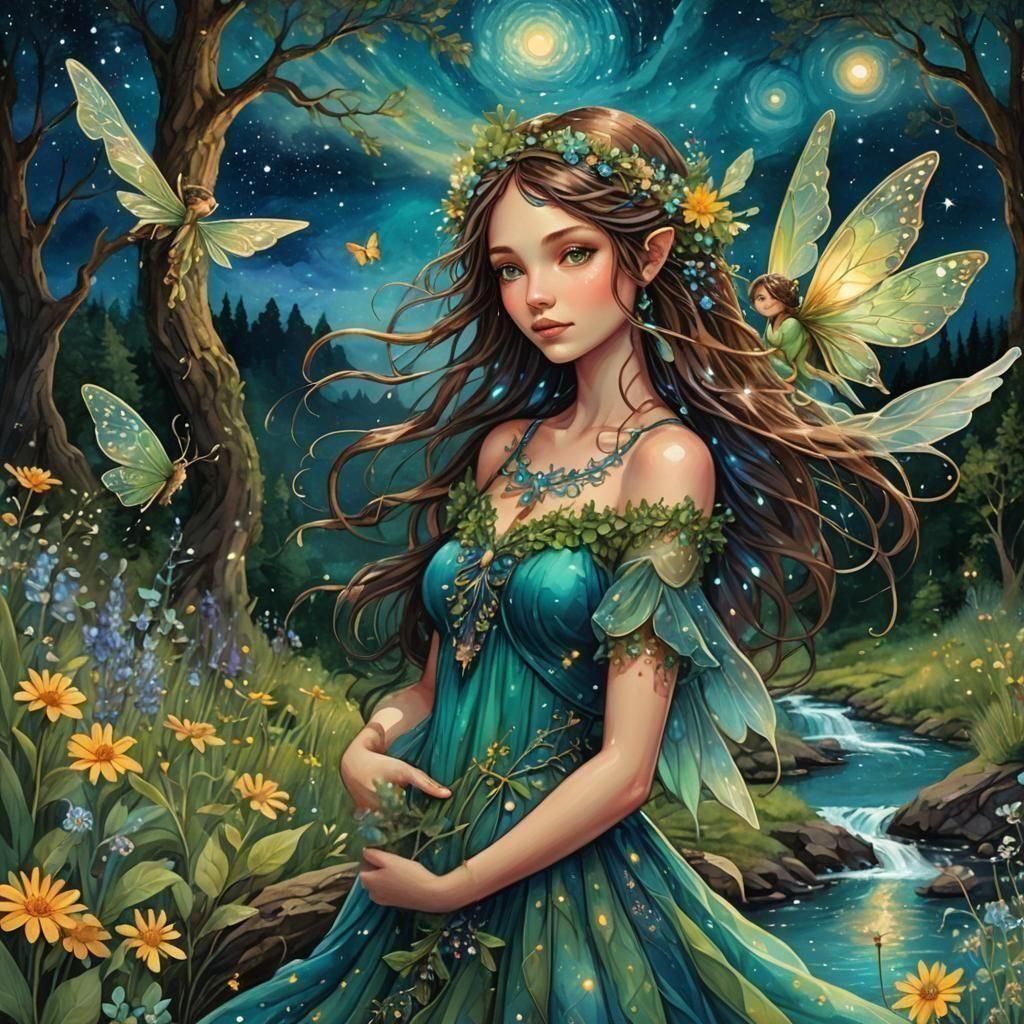 Tree and River Fairies in Forest Illustration