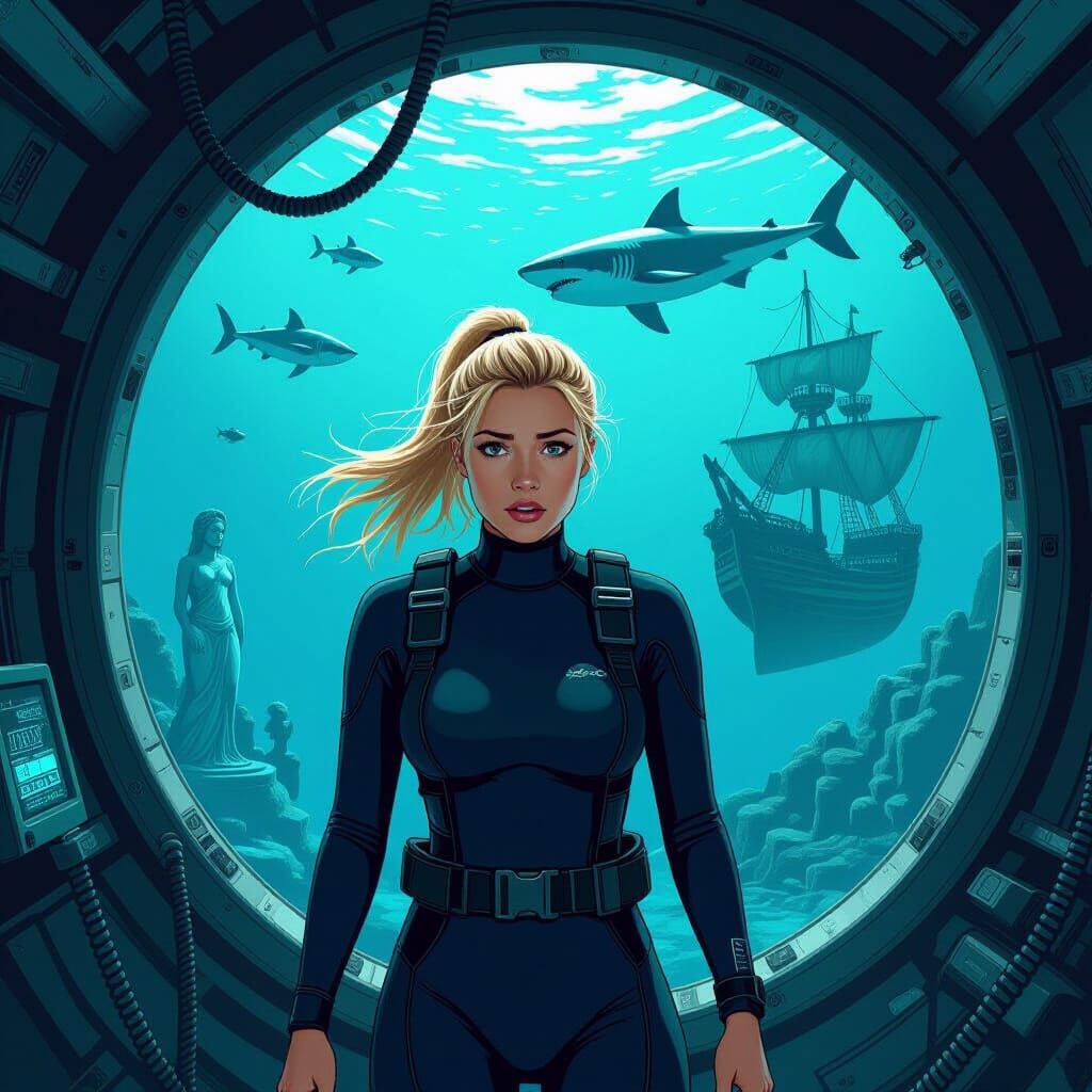 Underwater Station Peril: Woman, Shark, and Shipwreck
