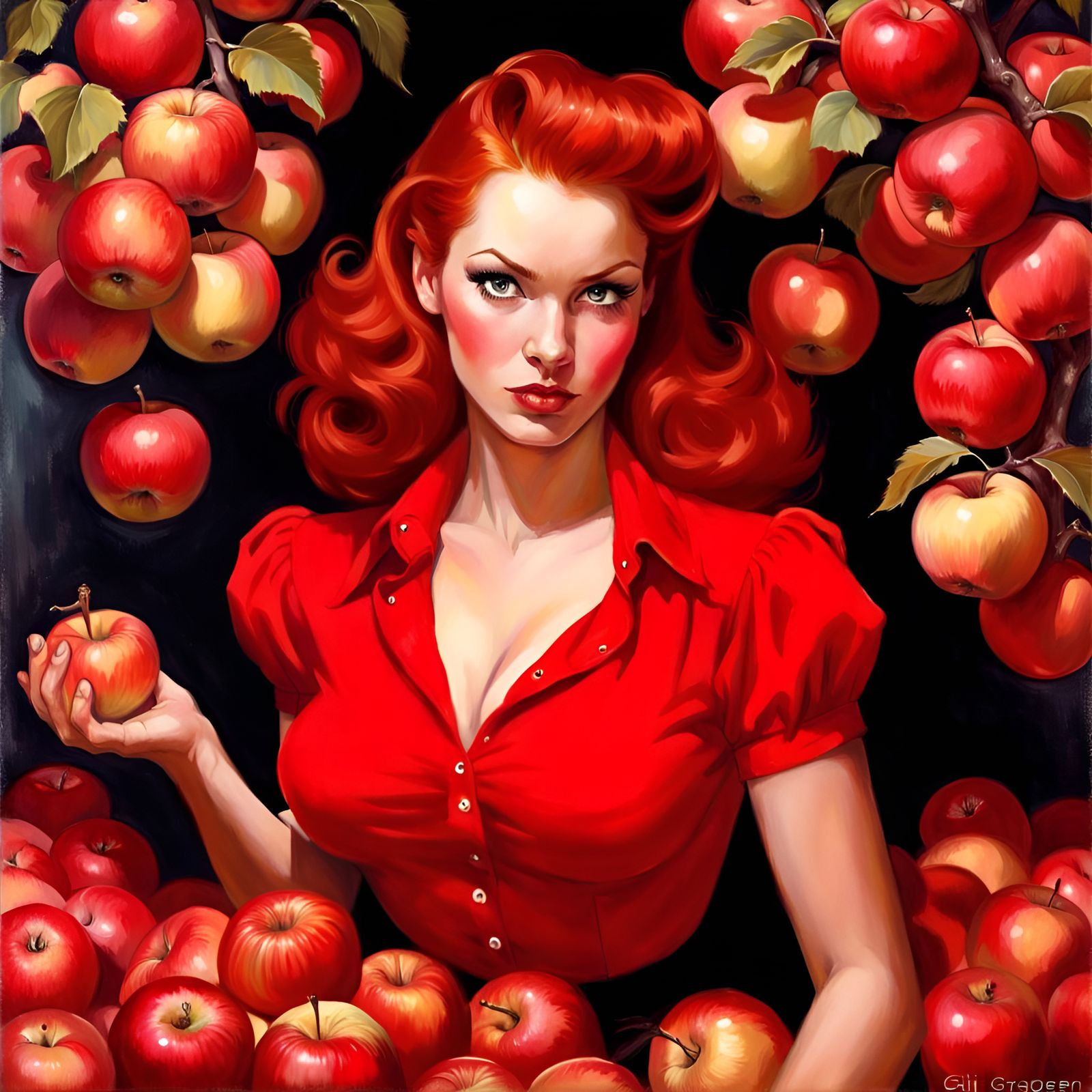 Red-Haired Beauty Surrounded by Apples, Pin-Up Style