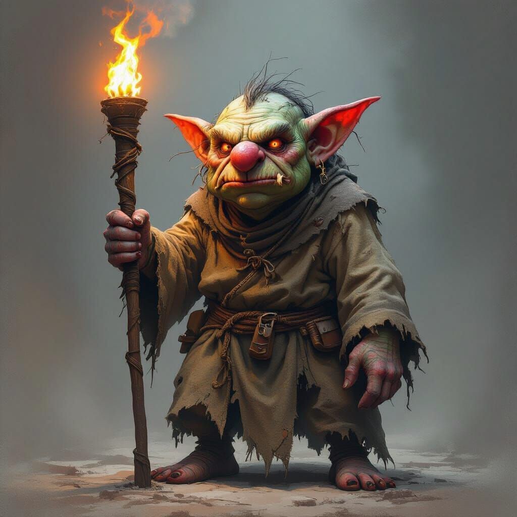 Grotesque Goblin with Torch in Dark Fantasy Style